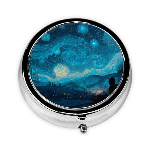 Round Mini Pill Box with Starry Sky Art Design – Portable 3-Compartment Metal Medicine Organizer