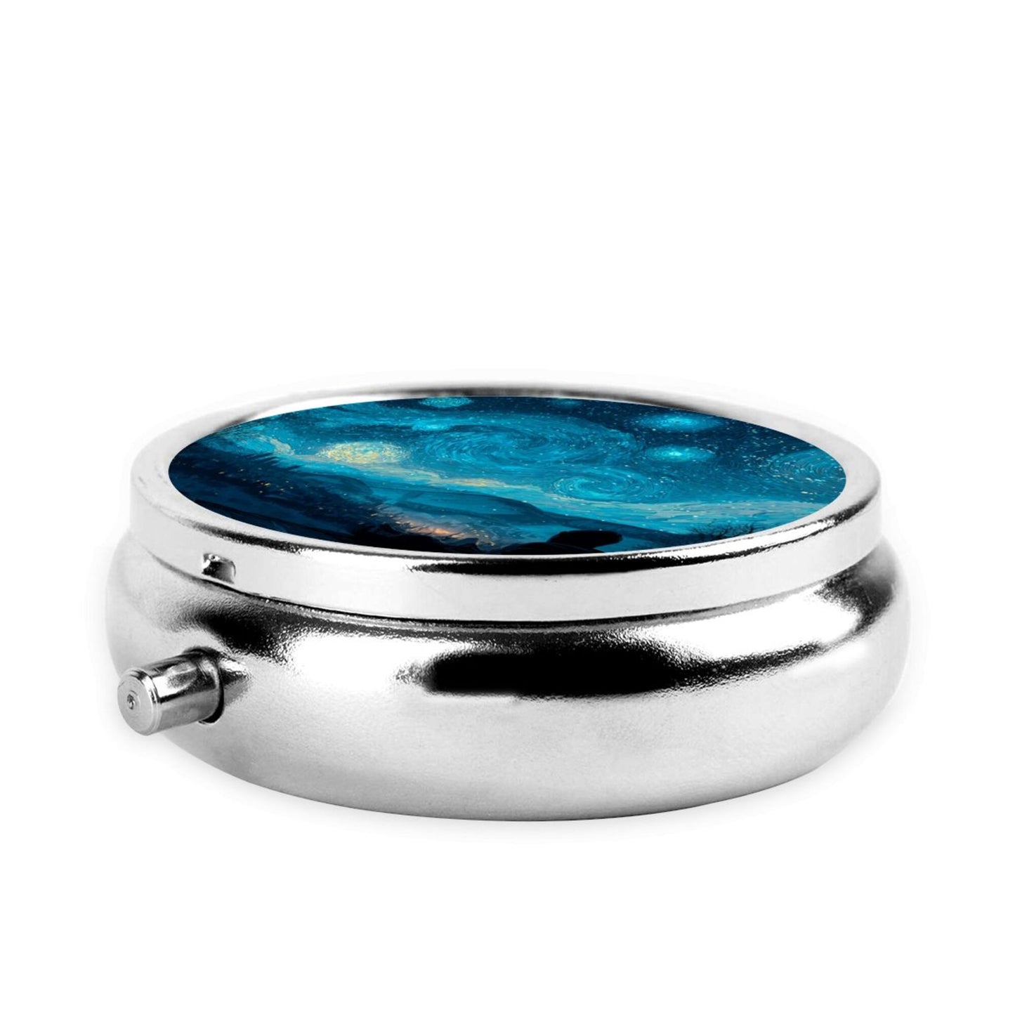 Round Mini Pill Box with Starry Sky Art Design – Portable 3-Compartment Metal Medicine Organizer