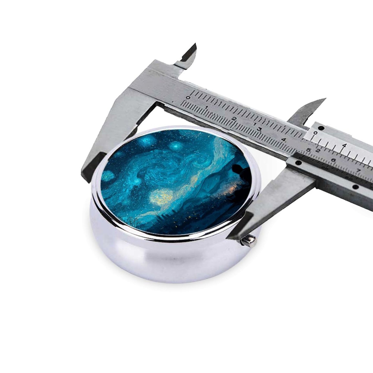 Round Mini Pill Box with Starry Sky Art Design – Portable 3-Compartment Metal Medicine Organizer