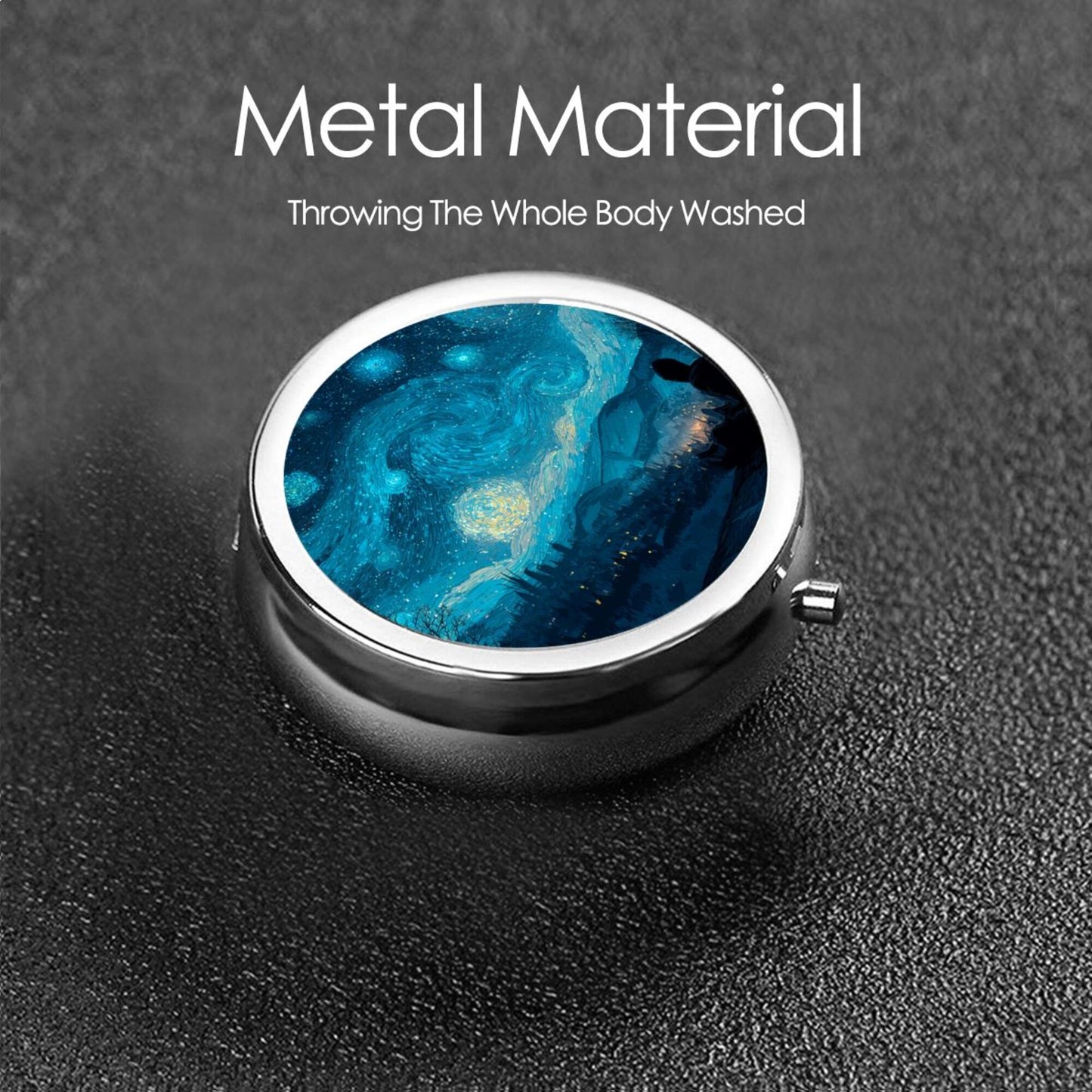 Round Mini Pill Box with Starry Sky Art Design – Portable 3-Compartment Metal Medicine Organizer