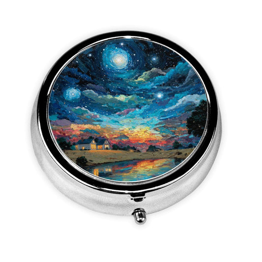 Round Mini Pill Box with Starry Sky Art Design – Portable 3-Compartment Metal Organizer, 4.5cm Diameter
