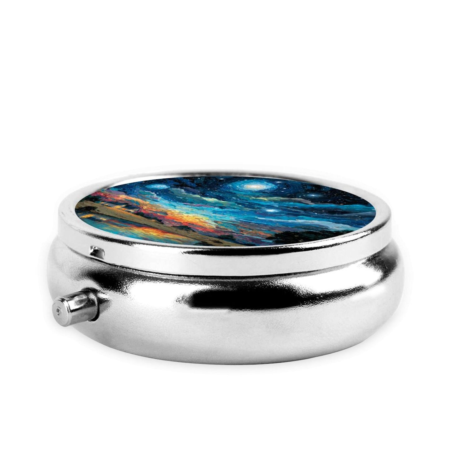 Round Mini Pill Box with Starry Sky Art Design – Portable 3-Compartment Metal Organizer, 4.5cm Diameter
