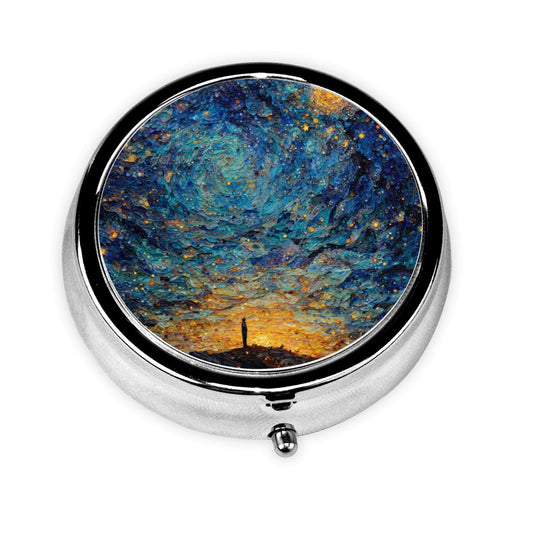 Round Mini Pill Box with Colorful Night Sky Oil Painting Design – Portable 3-Compartment Metal Organizer, 4.5cm Diameter