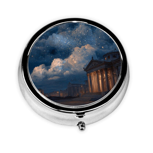 Round Mini Pill Box with Night Sky & Classical Architecture Design – Portable 3-Compartment Metal Organizer, 4.5cm Diameter