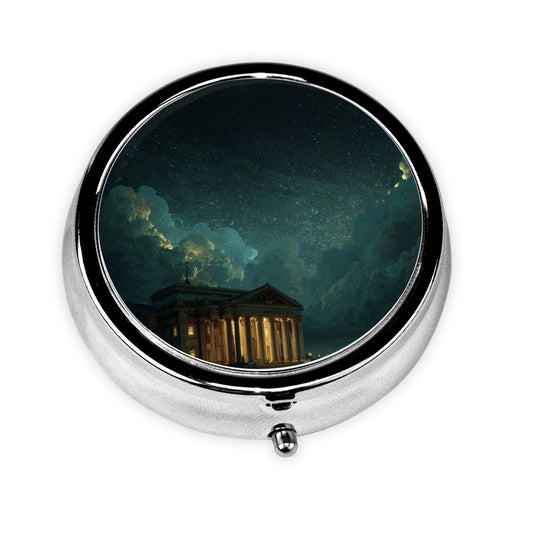 Round Mini Pill Box with Night Sky & Temple Art Design – Portable 3-Compartment Metal Organizer, 4.5cm Diameter