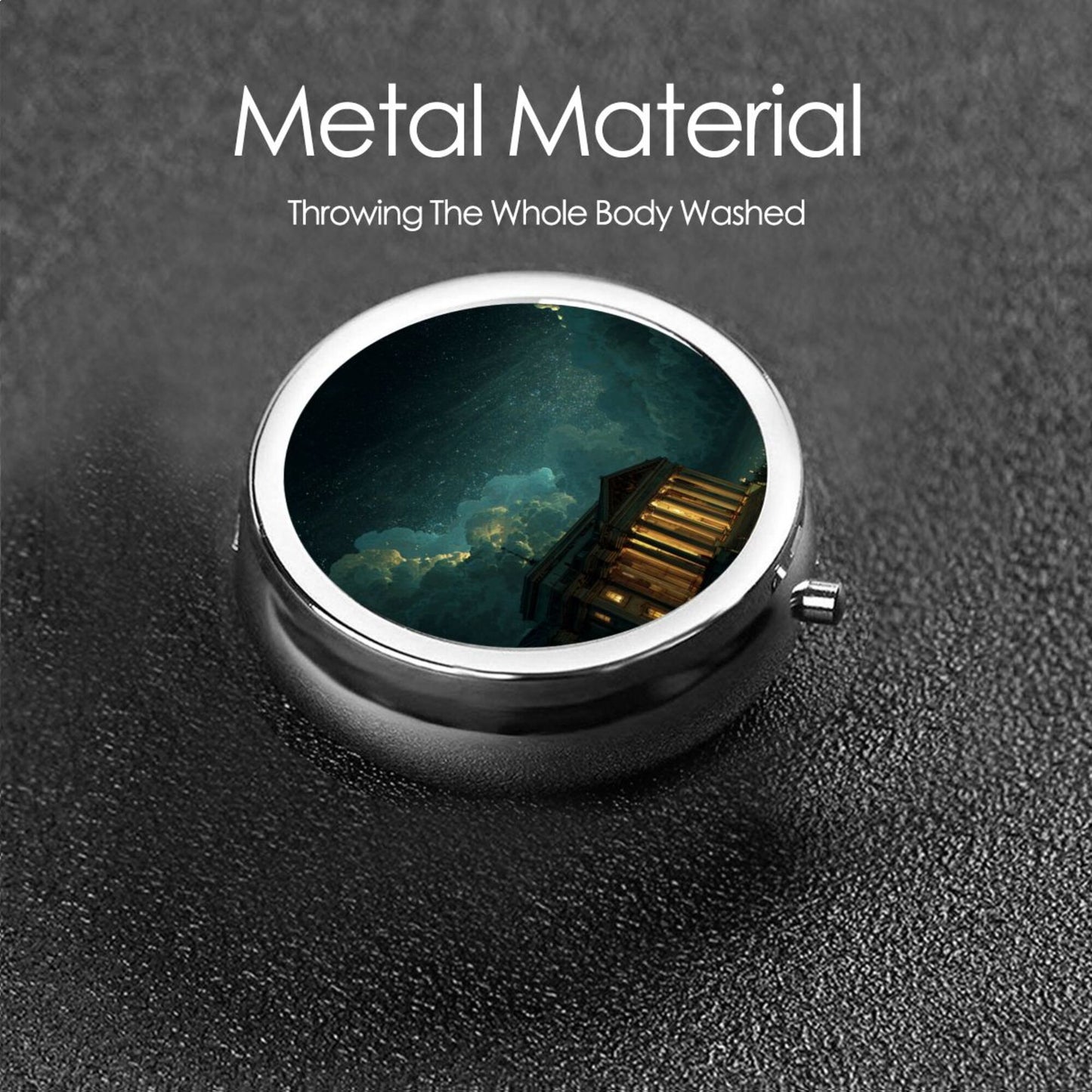 Round Mini Pill Box with Night Sky & Temple Art Design – Portable 3-Compartment Metal Organizer, 4.5cm Diameter