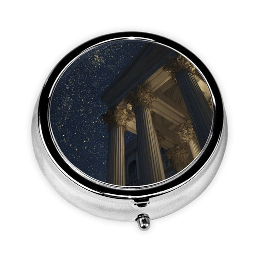 Round Mini Pill Box with Starry Sky & Classical Pillars Design – Portable 3-Compartment Metal Organizer, 4.5cm Diameter