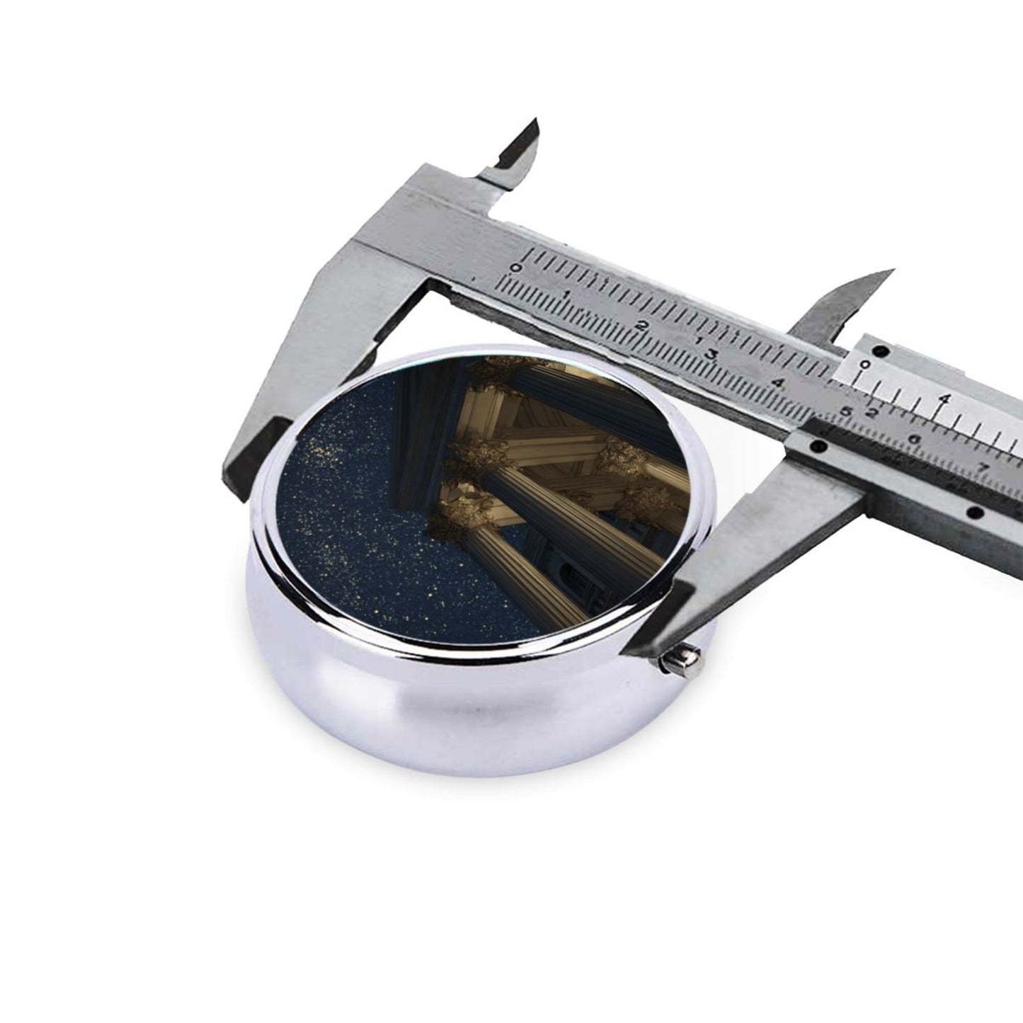 Round Mini Pill Box with Starry Sky & Classical Pillars Design – Portable 3-Compartment Metal Organizer, 4.5cm Diameter