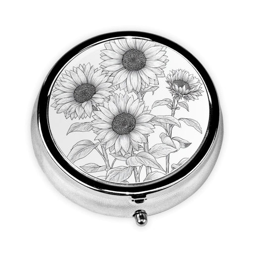 Round Mini Pill Box with Hand-Drawn Sunflower Floral Design – Portable 3-Compartment Metal Organizer, 4.5cm Diameter