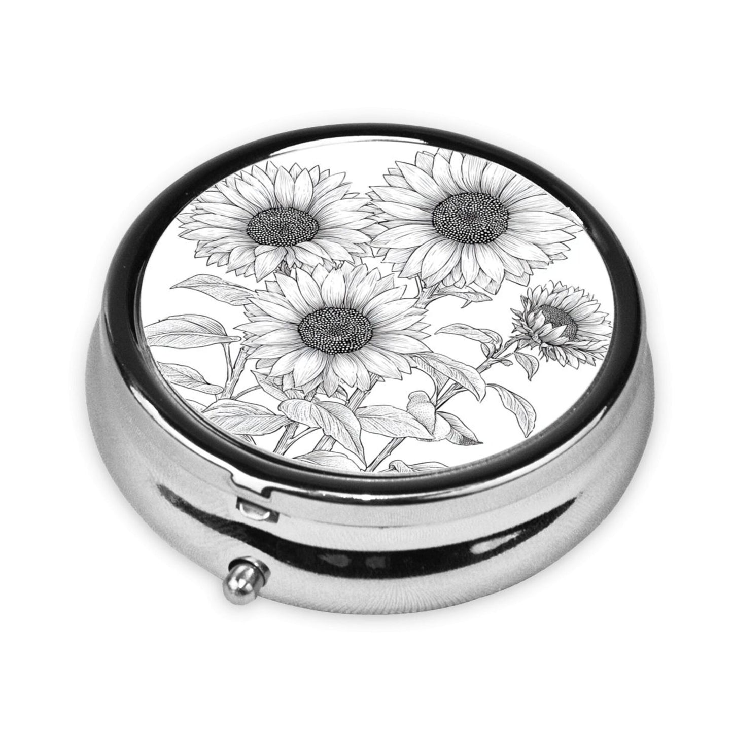 Round Mini Pill Box with Hand-Drawn Sunflower Floral Design – Portable 3-Compartment Metal Organizer, 4.5cm Diameter
