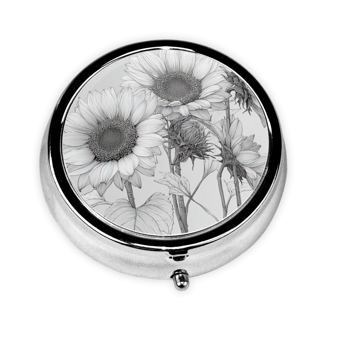 Round Mini Pill Box with Black & White Hand-Drawn Sunflower Design – Portable 3-Compartment Metal Organizer, 4.5cm Diameter