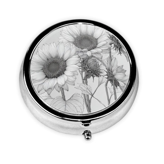 Round Mini Pill Box with Black & White Hand-Drawn Sunflower Design – Portable 3-Compartment Metal Organizer, 4.5cm Diameter