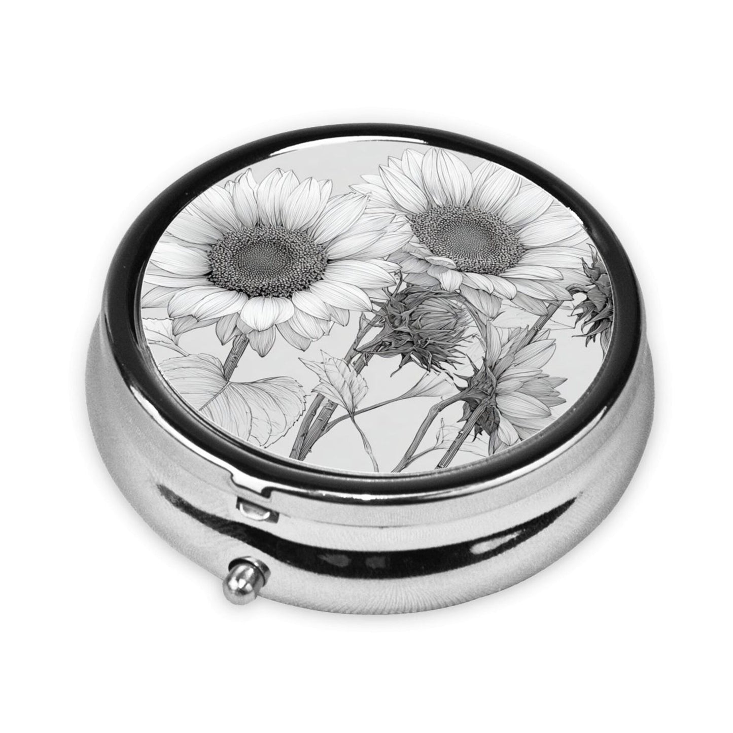 Round Mini Pill Box with Black & White Hand-Drawn Sunflower Design – Portable 3-Compartment Metal Organizer, 4.5cm Diameter
