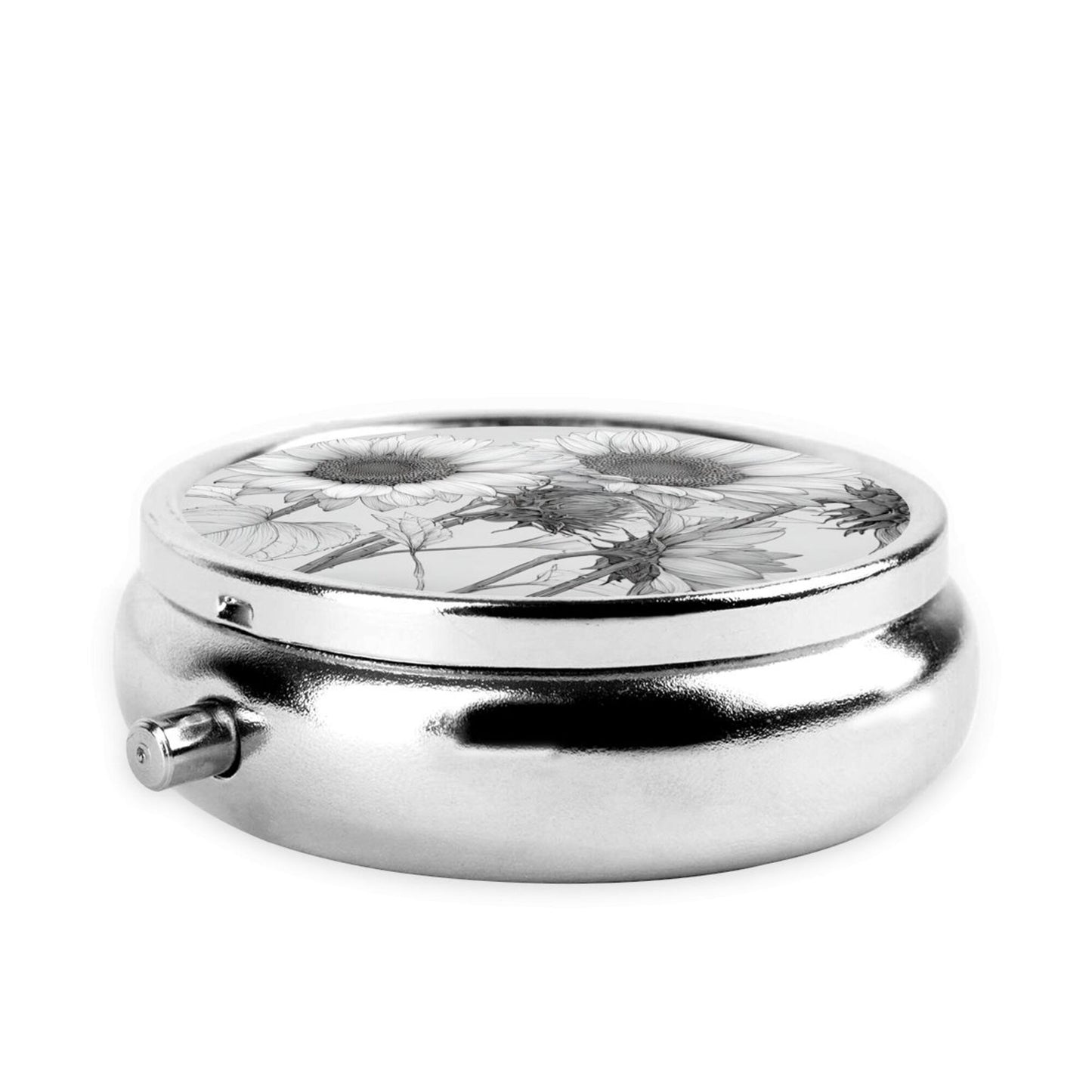 Round Mini Pill Box with Black & White Hand-Drawn Sunflower Design – Portable 3-Compartment Metal Organizer, 4.5cm Diameter