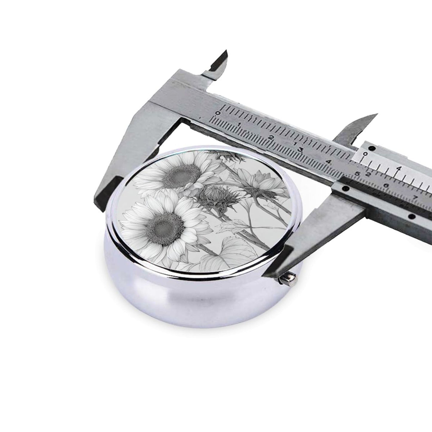 Round Mini Pill Box with Black & White Hand-Drawn Sunflower Design – Portable 3-Compartment Metal Organizer, 4.5cm Diameter