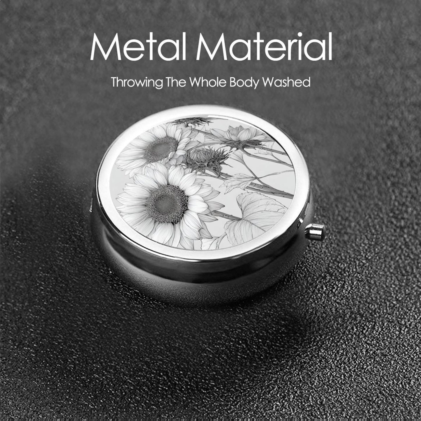 Round Mini Pill Box with Black & White Hand-Drawn Sunflower Design – Portable 3-Compartment Metal Organizer, 4.5cm Diameter