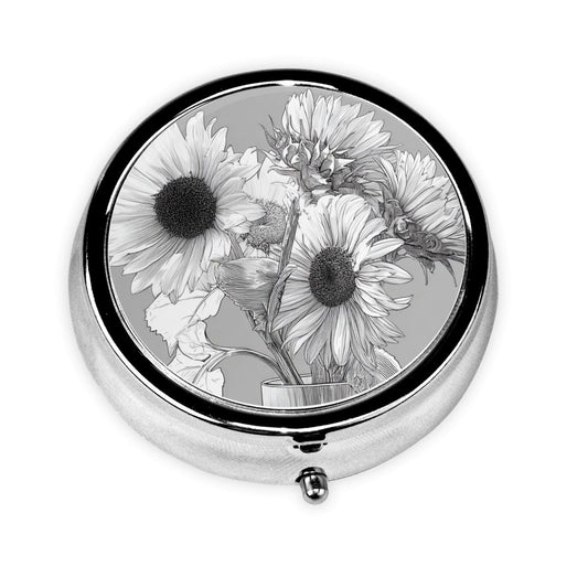 Round Mini Pill Box with Black & White Hand-Drawn Sunflower Design – Portable 3-Compartment Metal Organizer, 4.5cm Diameter
