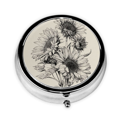 Round Mini Pill Box with Vintage Black & White Hand-Drawn Sunflower Design – Portable 3-Compartment Metal Organizer, 4.5cm Diameter