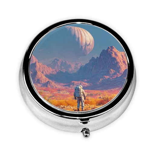 Round Mini Pill Box with Sci-Fi Astronaut & Alien Landscape Design – Portable 3-Compartment Metal Organizer, 4.5cm Diameter