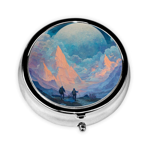 Round Mini Pill Box with Sci-Fi Planet & Fantasy Cloud Design – Portable 3-Compartment Metal Organizer, 4.5cm Diameter