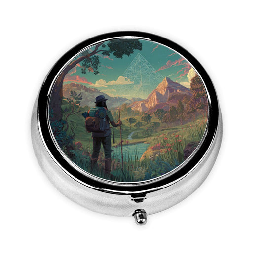 Round Mini Pill Box with Explorer & Mountain Scenery Design – Portable 3-Compartment Metal Organizer, 4.5cm Diameter