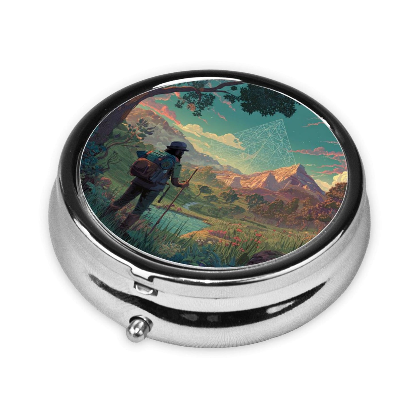 Round Mini Pill Box with Explorer & Mountain Scenery Design – Portable 3-Compartment Metal Organizer, 4.5cm Diameter