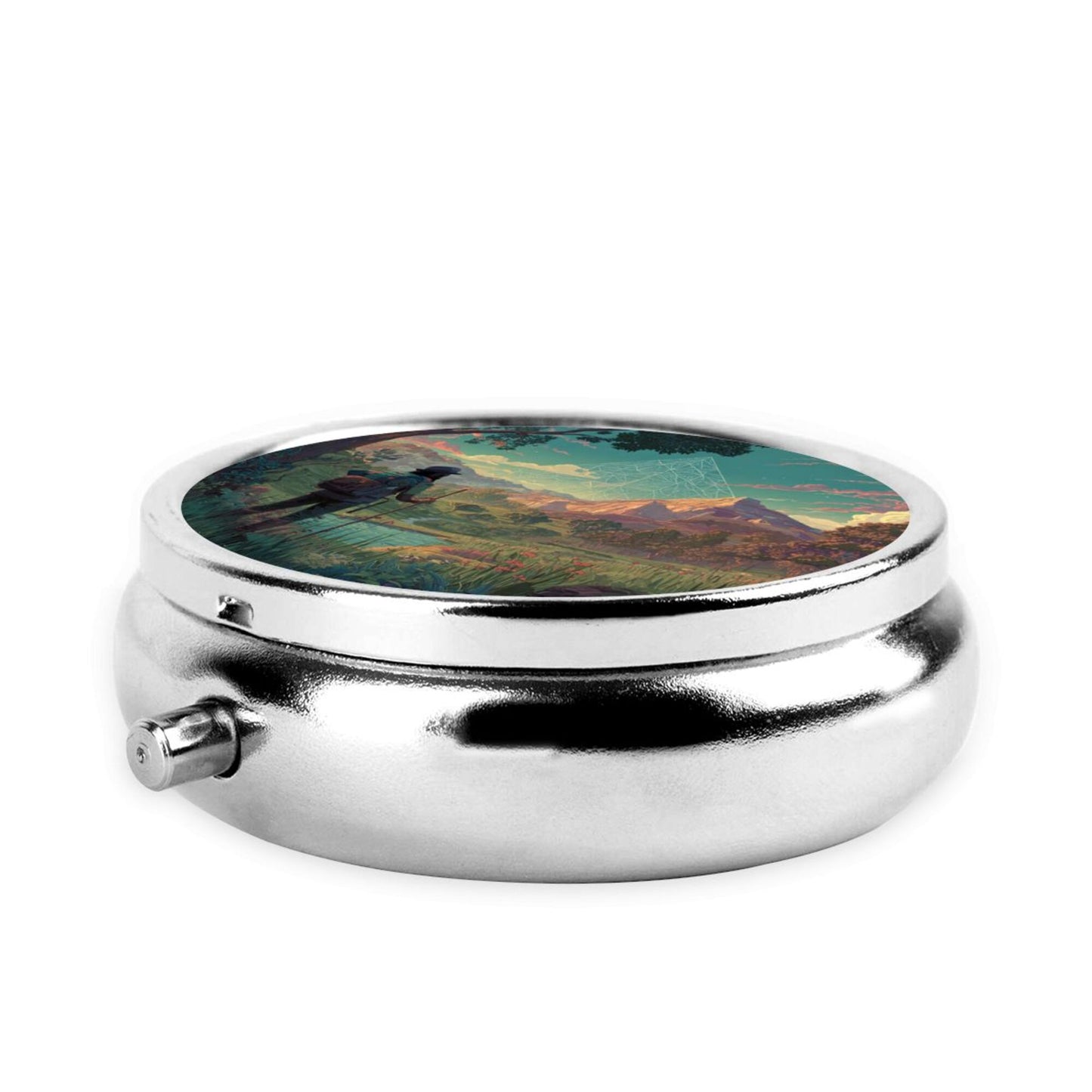 Round Mini Pill Box with Explorer & Mountain Scenery Design – Portable 3-Compartment Metal Organizer, 4.5cm Diameter