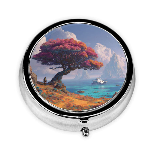 Round Mini Pill Box with Fantasy Tree & Ocean Design – Portable 3-Compartment Metal Organizer, 4.5cm Diameter