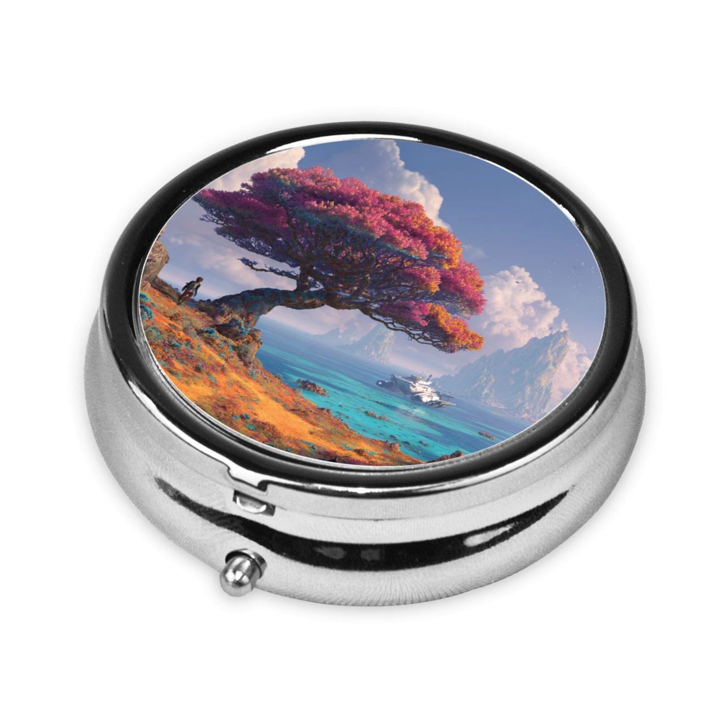 Round Mini Pill Box with Fantasy Tree & Ocean Design – Portable 3-Compartment Metal Organizer, 4.5cm Diameter