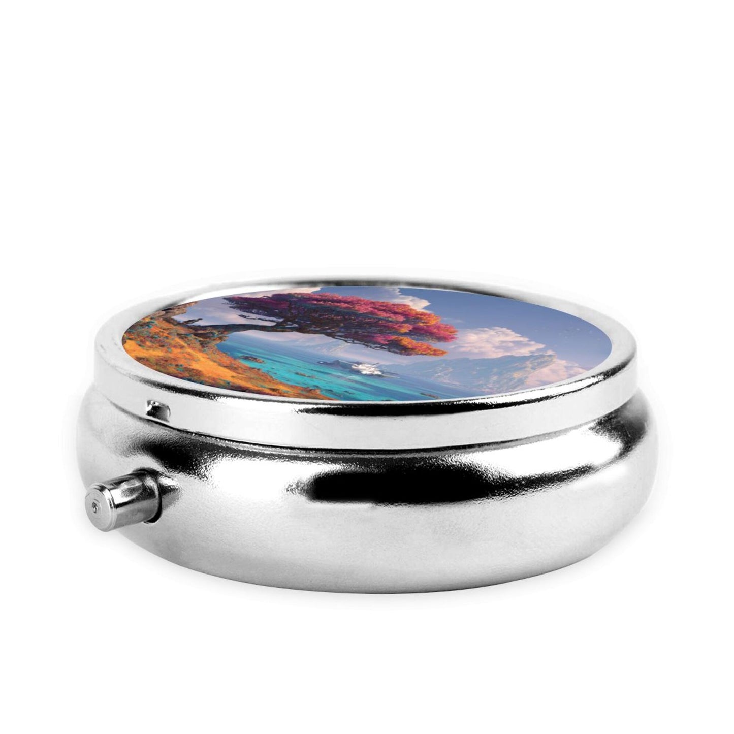 Round Mini Pill Box with Fantasy Tree & Ocean Design – Portable 3-Compartment Metal Organizer, 4.5cm Diameter