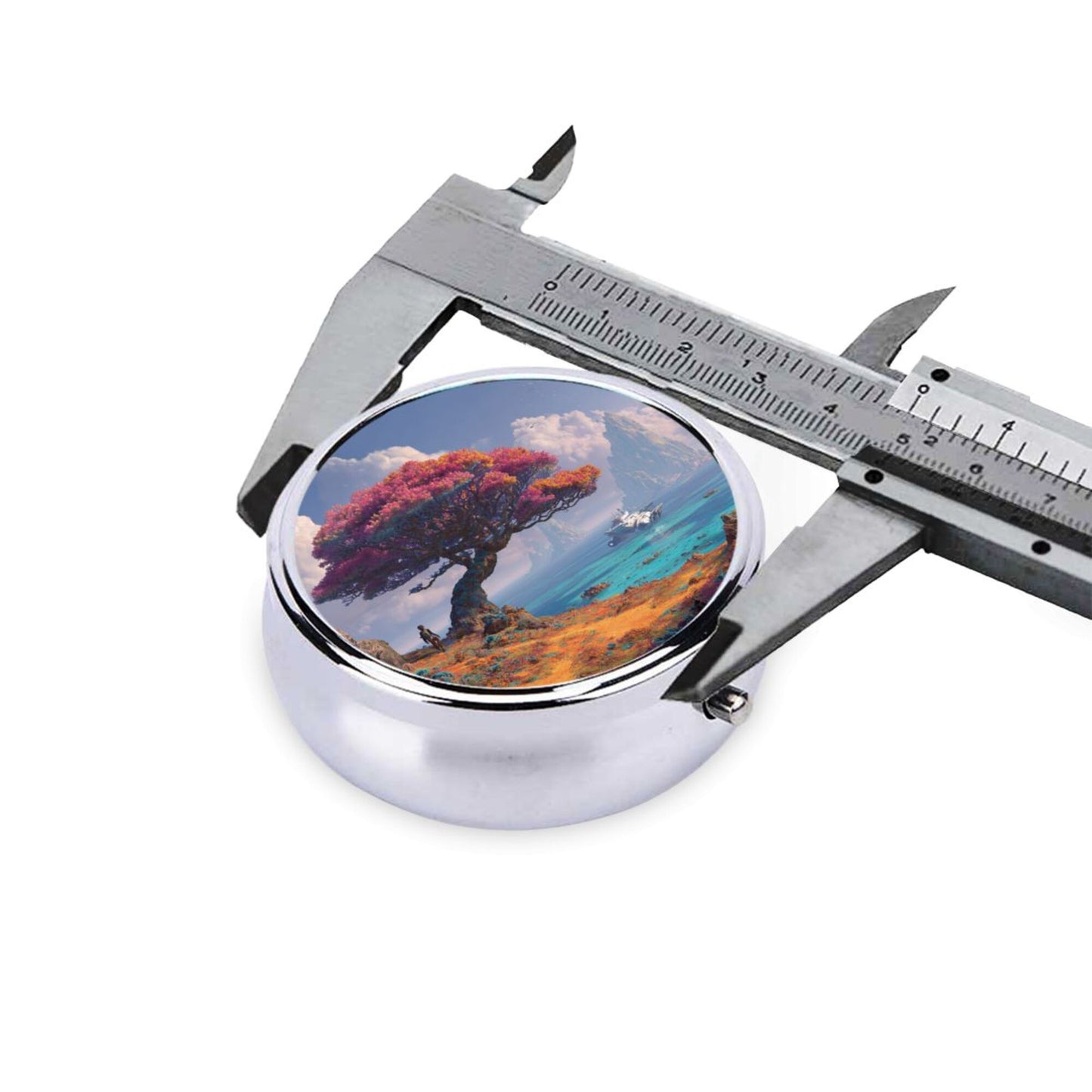 Round Mini Pill Box with Fantasy Tree & Ocean Design – Portable 3-Compartment Metal Organizer, 4.5cm Diameter