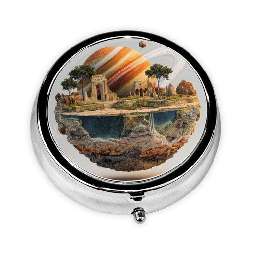 Round Mini Pill Box with Fantasy Architecture & Planet Design – Portable 3-Compartment Metal Organizer, 4.5cm Diameter