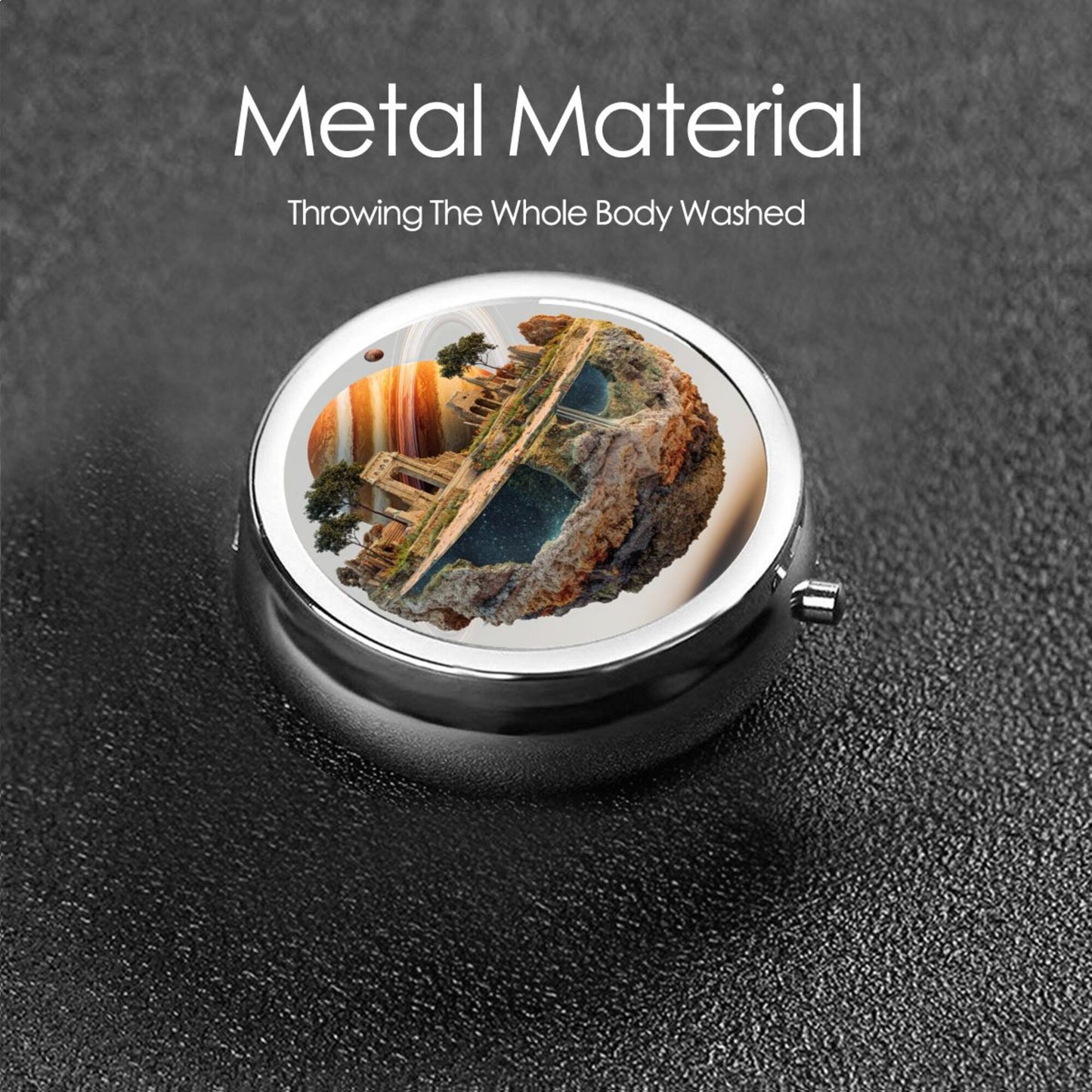 Round Mini Pill Box with Fantasy Architecture & Planet Design – Portable 3-Compartment Metal Organizer, 4.5cm Diameter