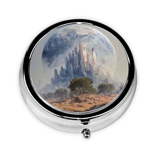Round Mini Pill Box with Mountain & Earth Landscape Design – Portable 3-Compartment Metal Organizer, 4.5cm Diameter