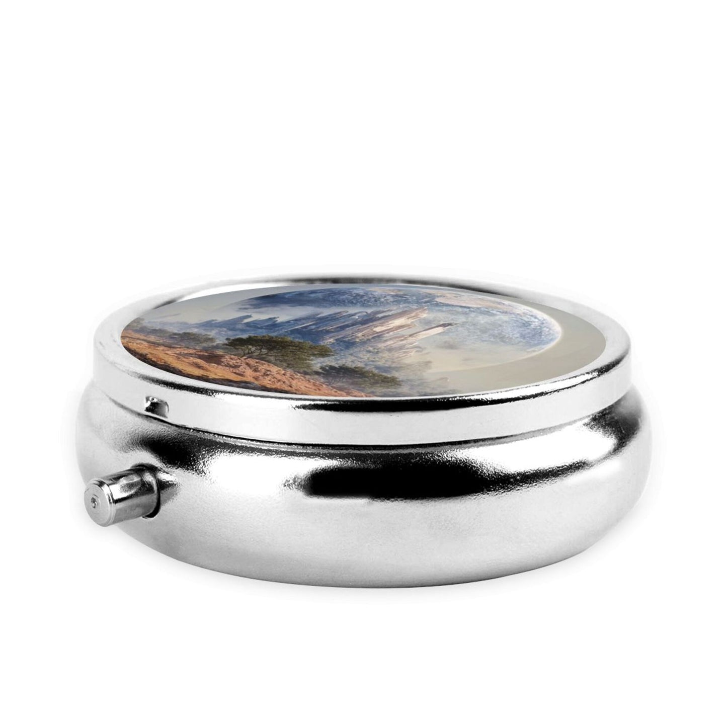 Round Mini Pill Box with Mountain & Earth Landscape Design – Portable 3-Compartment Metal Organizer, 4.5cm Diameter