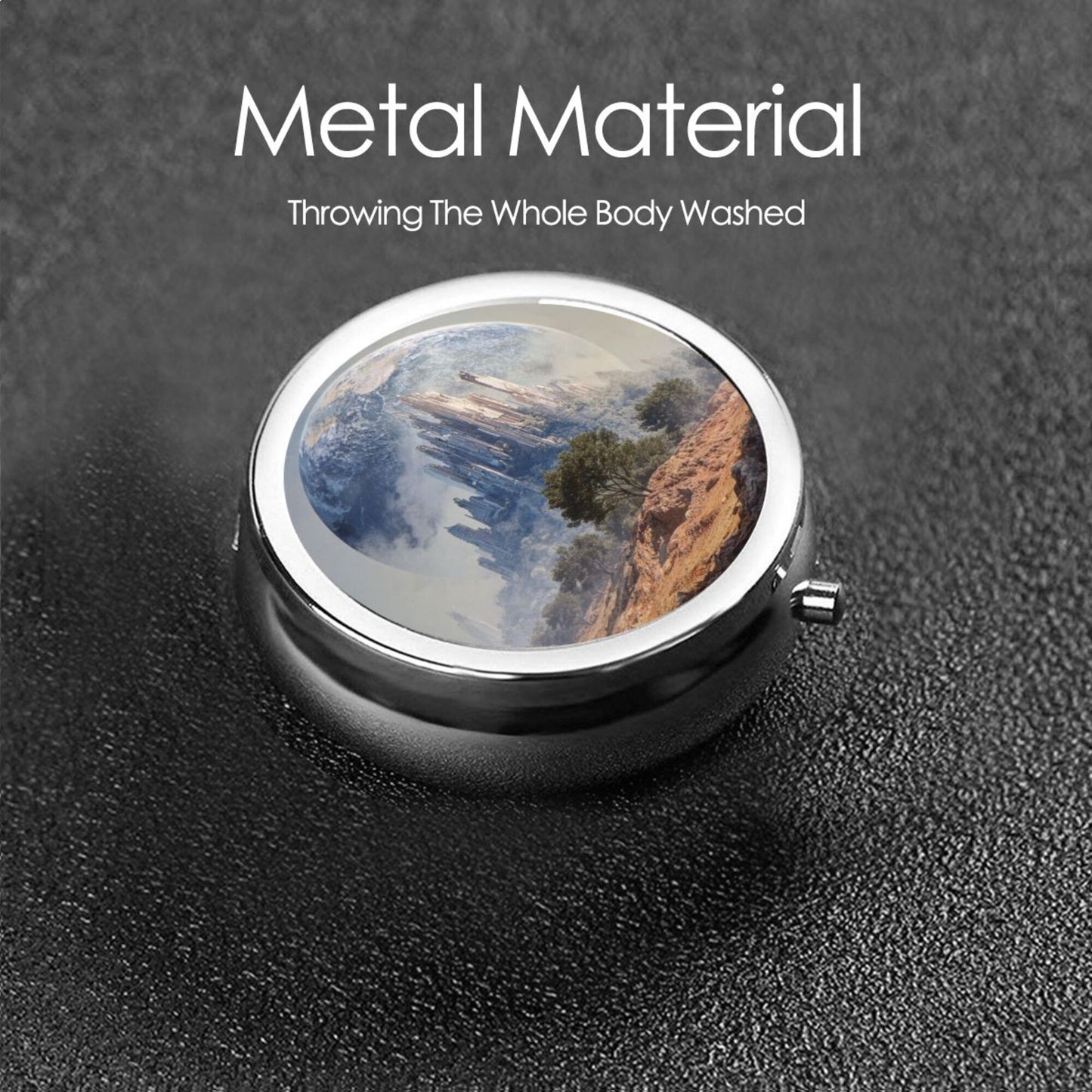 Round Mini Pill Box with Mountain & Earth Landscape Design – Portable 3-Compartment Metal Organizer, 4.5cm Diameter